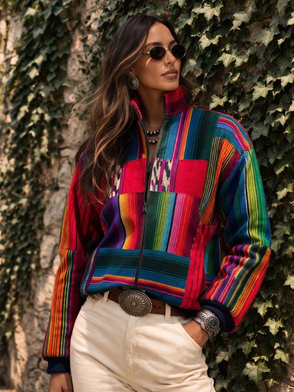 VINTAGE VIBRANT Boho Guatemalan Zip Front Bomber Jacket, M